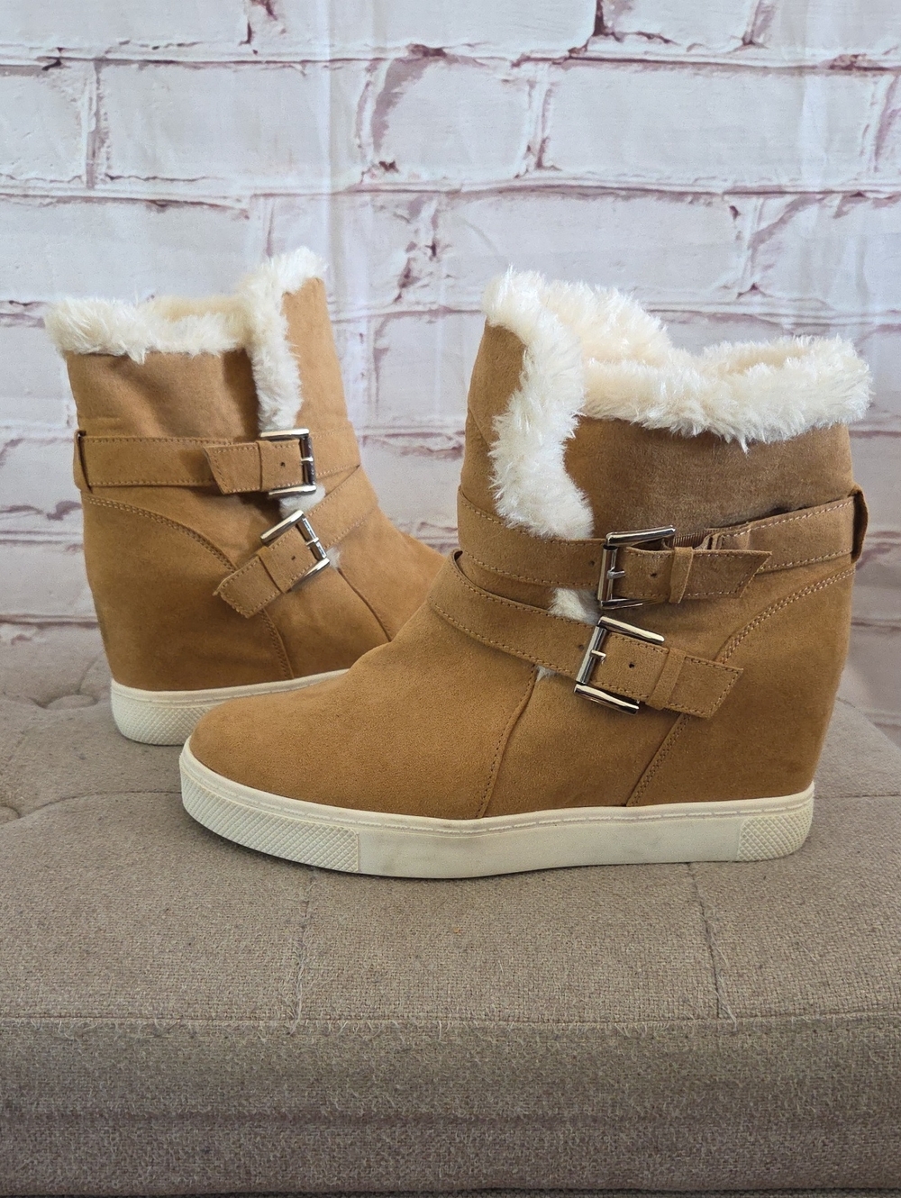 Madden Girl Suede Wedge Booties with Faux Fur Trim - Tan